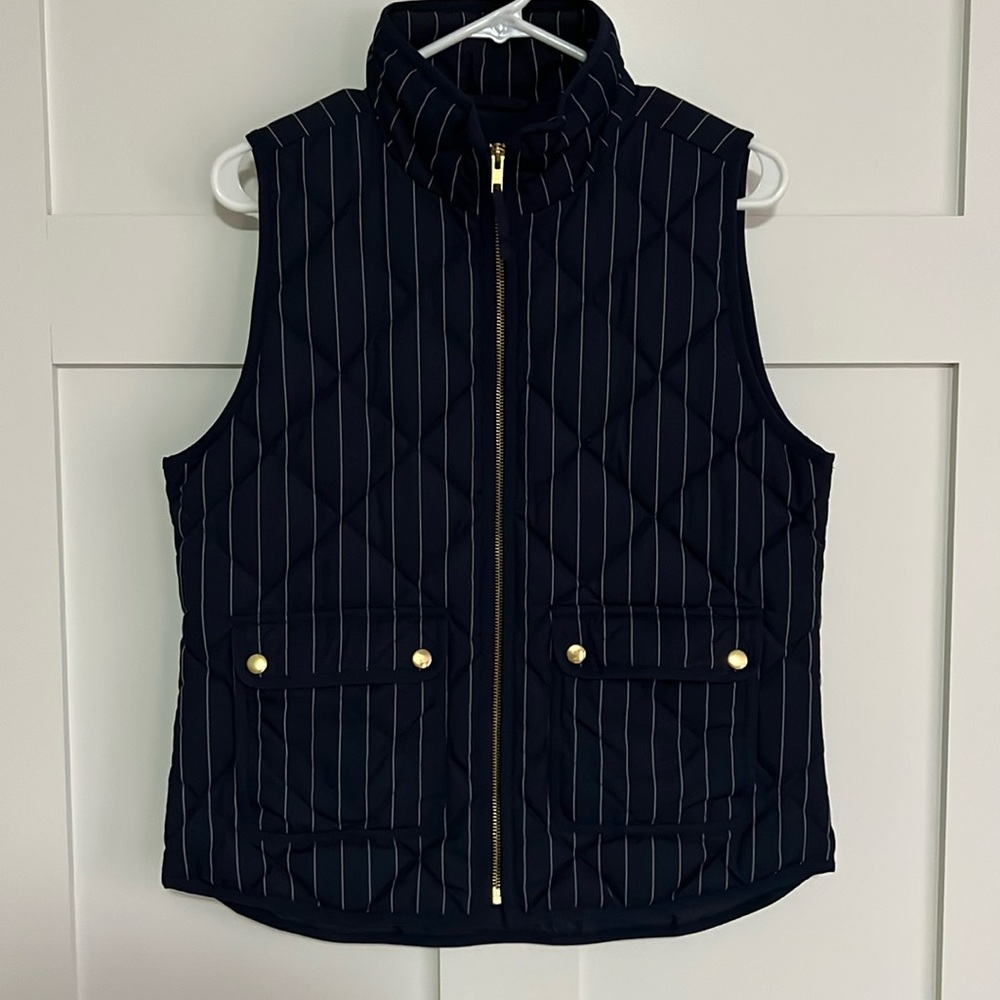 J. crew down vest. Navy bluee with white pin stripes.